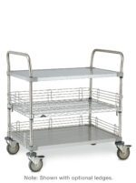 The Metro CASE-OL36H Stainless Steel Open Case Cart with Handles measures 24 x 36 x 39, includes three tiers with four swivel casters, has a middle shelf with wire mesh ledges, top and bottom flat metal shelves, and handles on both ends. Note: Shown with optional ledges.