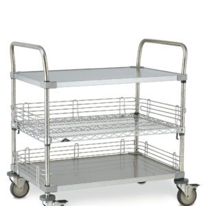 The Metro CASE-OL36H Stainless Steel Open Case Cart with Handles measures 24 x 36 x 39, includes three tiers with four swivel casters, has a middle shelf with wire mesh ledges, top and bottom flat metal shelves, and handles on both ends. Note: Shown with optional ledges.