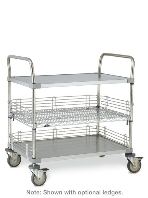 The Metro CASE-OL36H Stainless Steel Open Case Cart with Handles measures 24 x 36 x 39, includes three tiers with four swivel casters, has a middle shelf with wire mesh ledges, top and bottom flat metal shelves, and handles on both ends. Note: Shown with optional ledges.
