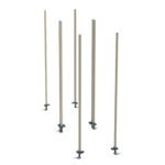 Six tall, thin poles resembling epoxy coated steel stand upright, evenly spaced and metallic with a light brown hue. Each pole has small, black adjustable clamps near the base, hinting at their use in Metro LBTAQ3 qwikTRAK Double Deep Stationary Intermediate Unit Kits for MetroMax Shelving.