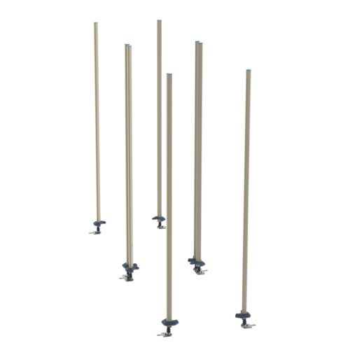 Six tall, thin poles resembling epoxy coated steel stand upright, evenly spaced and metallic with a light brown hue. Each pole has small, black adjustable clamps near the base, hinting at their use in Metro LBTAQ3 qwikTRAK Double Deep Stationary Intermediate Unit Kits for MetroMax Shelving.