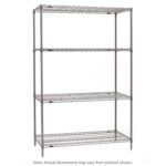 The Metro SE-216074K4-S-4 Super Erecta 4-Shelf Industrial Wire Shelving Starter Unit in Metroseal Gray Epoxy has four adjustable wire shelves with vertical posts, measuring 21 x 60 x 74. Dimensions may slightly differ from those depicted.