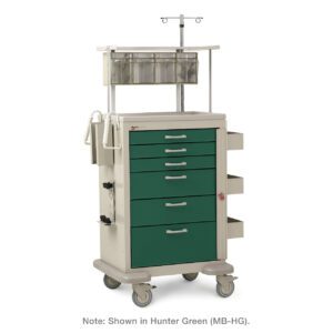 The Metro MBX3210TRAUMA Basix Trauma Cart includes five green drawers, side compartments, four wheels, an IV pole, and a top wire basket. Note: Shown in Hunter Green (MB-HG).