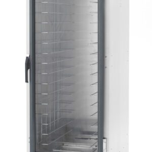 The Metro C519-PXFC-4 C5 1 Series is a full-height proofing cabinet featuring fixed wire slides, a transparent glass door with a left-side handle, control knobs at the bottom, and four wheels for easy mobility. It operates at 1210-1440W on 220-240V, 50/60Hz.