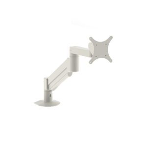 The white Metro FL318A Flexline Articulating Arm with Monitor/AIO Mount features a VESA mount, allowing for flexible positioning of computer screens. It has a sturdy base and multiple joints for adjustable height and angle, perfect for standard duty use.