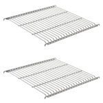 Two wire shelves are shown side by side against a pristine white background. Each shelf has a grid pattern with parallel wires and slightly elevated edges, similar to the precision found in Metro C5-SHELFONLY-5S Stainless Steel Wire Shelves for C5 Series 1/2 Height Cabinets.