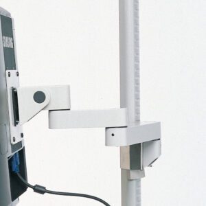 The Metro FMAX Post-Mount Swing Arm for Flat Monitor attaches to a vertical pole, featuring an articulated arm for flexible display positioning and a cable that ensures efficient connectivity while maintaining a tidy workspace.