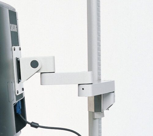 The Metro FMAX Post-Mount Swing Arm for Flat Monitor attaches to a vertical pole, featuring an articulated arm for flexible display positioning and a cable that ensures efficient connectivity while maintaining a tidy workspace.