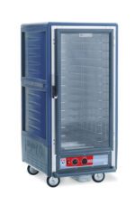 The Metro C537-HFC-4-BUA C5 3 Series Insulated Holding Cabinet is a blue, 3/4 height unit with a full-length clear door, fixed wire slides, and operates at 120V and 60Hz. It features a wheel base and bottom control panel.