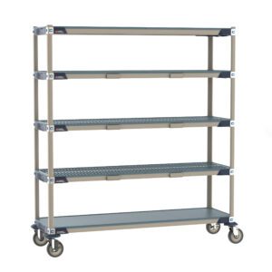 The Metro ECP36CX3 MetroMax i Par Level Cart, 18 x 60, is a five-tier metal shelving unit on wheels with adjustable shelves and a sturdy frame. Its perforated shelves ensure ventilation, making it ideal for storage and organization in industrial or commercial settings.
