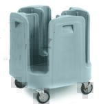 The Metro PCD11 Poker Chip Dish Dolly, designed for 11 plates, is a sleek, gray plastic square caddy with four sections and metal caster wheels for easy mobility.