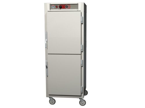 Image of a Metro C569X-SDS-LA insulated reach-in holding cabinet with full height Dutch solid doors and four wheels. The stainless steel cabinet has a top control panel for temperature adjustment, supported by lip load aluminum slides.