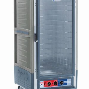 The Metro C537-MXFC-4-GY C5 3 Series cabinet, in gray with a full-length clear door, offers organized storage on fixed wire slides. It features bottom control knobs and four wheels for mobility, ensuring efficient functionality.