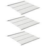 The image displays three Metro C5-SHELFONLY-7S stainless steel wire shelves stacked vertically. Each rectangular shelf, designed for various C5 cabinet series, features evenly spaced bars and raised edges, set against a plain white background.
