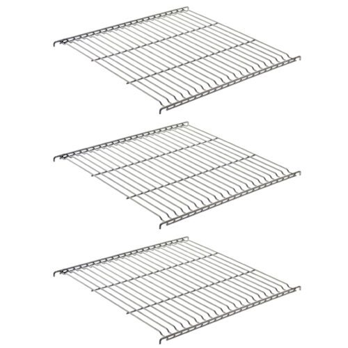 kcqlo67ot3g6euwxcj1ubr4swaauw0sm.jpg The image displays three Metro C5-SHELFONLY-7S stainless steel wire shelves stacked vertically. Each rectangular shelf, designed for various C5 cabinet series, features evenly spaced bars and raised edges, set against a plain white background.