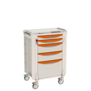 The Metro FLP22010 Flexline Cart has a sleek white frame, vibrant orange drawers with five compartments, wheels for easy mobility, and a secure lock on the top drawer.