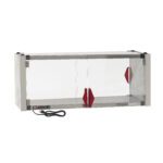 The Metro HS1442-EKIT Super Erecta Hot Enclosure Kit features a transparent laboratory fume hood with metal edges and dimensions of 42.7 x 17.7 x 17.4, red triangular handles on sliding doors in the front, and a black power cord on the left side connecting to a 400W, 120V power source.
