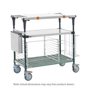 The Metro MS1848-FSPR-PK2 PrepMate MultiStation 48 features a stainless steel top, Super Erecta Pro bottom shelf with Metroseal Green Epoxy posts, large wheels, vertical handles, and a side storage compartment. Note: Actual dimensions may vary from product shown.