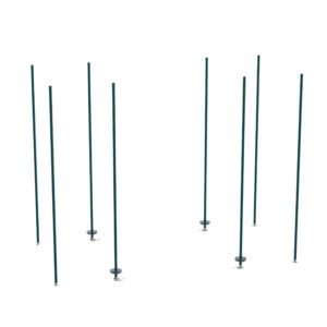 Eight slender green poles, resembling the Metro BTEK3 qwikTRAK Stationary End Unit Kit for Super Erecta Wire Shelving in Metroseal Green Epoxy, stand upright on a white background, arranged in two parallel rows and fixed to round bases.