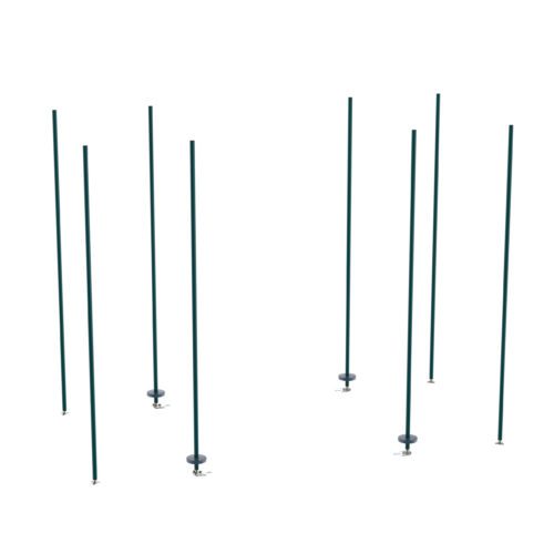 Eight slender green poles, resembling the Metro BTEK3 qwikTRAK Stationary End Unit Kit for Super Erecta Wire Shelving in Metroseal Green Epoxy, stand upright on a white background, arranged in two parallel rows and fixed to round bases.