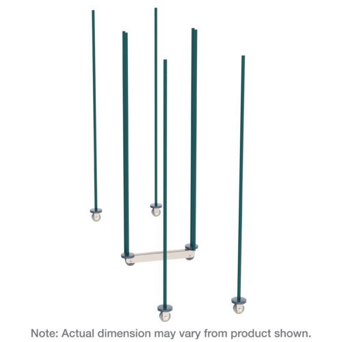 khjrabljczzc99r3y6a8nwdalvrtyk4q.jpg A diagram displays steel rods of various lengths on small round bases, linked by a horizontal rod midway. Accompanied by the note: Actual dimensions may vary, it features Metroseal Green Epoxy and complements the Metro LBTM18K3 qwikTRAK Double Deep Mobile Unit Kit for 18 Wire Shelving.