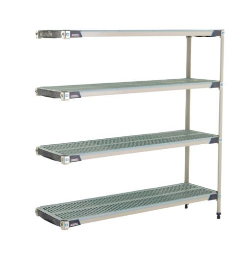 The MetroMax i AX366GX3 add-on unit features four adjustable, perforated shelves in an 18x60x63 frame, combining efficient storage and minimalist industrial style with a modern grey finish.