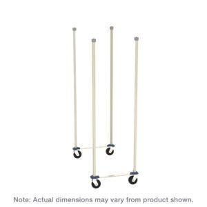 This illustration features the Metro MQTTM21S Top-Track Mobile Unit Kit for 21 Wide MetroMax Shelving with epoxy coated steel posts and black stainless casters; text notes dimensions may vary from product shown.