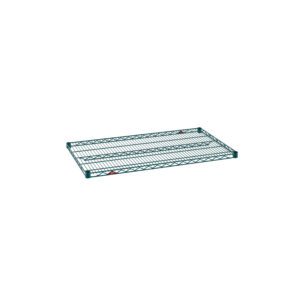 The Metro Super Erecta 2442NK3 Industrial Wire Shelf in Metroseal Green Epoxy is a 24 x 42 rectangular shelf with a grid pattern, two support bars underneath, and small labels on the front edge.