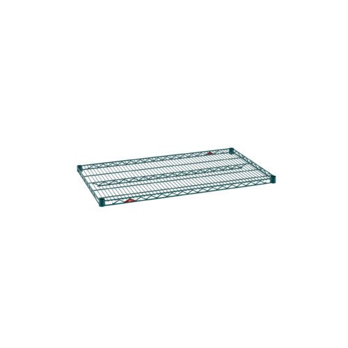 kipc3ye5khvwplu0jhi3h81z4jjkh56y.jpg The Metro Super Erecta 2442NK3 Industrial Wire Shelf in Metroseal Green Epoxy is a 24 x 42 rectangular shelf with a grid pattern, two support bars underneath, and small labels on the front edge.