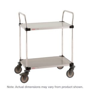 The Metro MW108L Super Erecta Lab Utility Cart, with 2 stainless steel solid shelves, measures 24 W x 36 L x 39.5 H, includes four swivel casters and dual top handles. Note: Actual dimensions may vary.