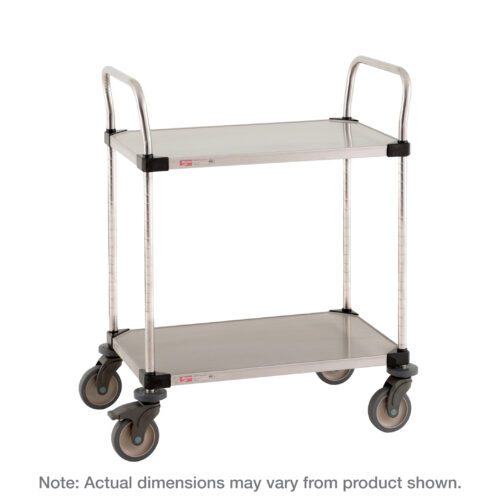 The Metro MW108L Super Erecta Lab Utility Cart, with 2 stainless steel solid shelves, measures 24 W x 36 L x 39.5 H, includes four swivel casters and dual top handles. Note: Actual dimensions may vary.