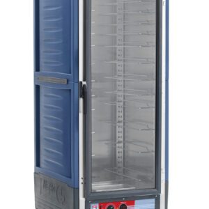The Metro C539-HLFC-U-BUA C5 3 Series Insulated Holding Cabinet features a tall, blue design on wheels with a full-length clear door, showcasing metal racks inside. Its equipped with control knobs and perfect for efficient food transport at 60Hz.