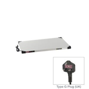 The Metro HSX2436-UK Super Erecta Hot Stainless Steel Heated Shelf is 24 x 36, operates at 336-400W (220-240V), and includes a Type G plug, which is featured in a close-up at the bottom right corner.