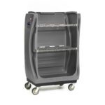 The Metro TX48A-CLTSG MetroTrux Polymer Convertible Linen Truck is a gray wheeled storage cart with two wire shelves and curved sides, featuring a logo in the top left corner against a crisp white background.