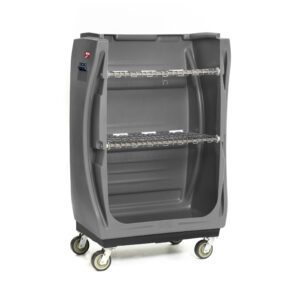 The Metro TX48A-CLTSG MetroTrux Polymer Convertible Linen Truck is a gray wheeled storage cart with two wire shelves and curved sides, featuring a logo in the top left corner against a crisp white background.
