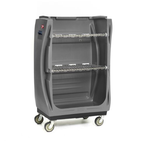 klldpnuymx6phnzliqzr3gdz5l3acwfo.jpg The Metro TX48A-CLTSG MetroTrux Polymer Convertible Linen Truck is a gray wheeled storage cart with two wire shelves and curved sides, featuring a logo in the top left corner against a crisp white background.