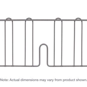 The gray metal wire pet barrier has five vertical bars and a U-shaped opening, with hooks at the top to blend with the Metro DD14K4 Super Erecta 8 High Shelf Divider for Wire Shelves in Metroseal Gray Epoxy. Note: Actual dimensions may vary from product shown.