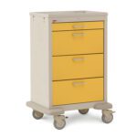 The Metro MBX1030ISOB Basix Isolation Cart features four drawers with a beige frame and yellow fronts. It includes four wheels, two being front swivel wheels, and an ergonomic top handle for easy maneuverability.