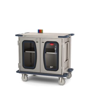 The Metro CaseVue CV36LC-NBFH-S1 Surgical Case Cart features clear doors, labeled compartments, a swing-up handle, and pullout solid shelf. It measures 45.5W x 28D x 40.625H, with handles and vertical storage tubes on a flat surface for convenience.