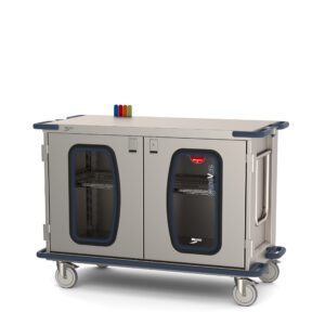 The Metro CaseVue CV48LC-NBFH-W1 Surgical Case Cart features glass-paneled doors, a pullout wire shelf, and measures 57.5W x 28D x 40.625H. It includes dark blue accents, handles on both ends with a swing-up feature, color flags, and a logo on the doors.