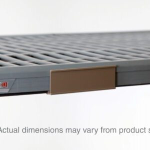 Close-up of a gray, grid-patterned shelf with a tan Metro MQ60LH label holder, 51.4375 L, for Super Erecta Pro and MetroMax Q shelves. Text on image: Note: Actual dimensions may vary from product shown.