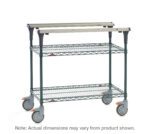 The Metro MS1824-NKNK PrepMate MultiStation 24 Prep Station features Metroseal Green Epoxy top and bottom shelves with matching posts, two wire shelves, sturdy handles, and four large grey wheels with orange safety locks. Note: Actual dimensions may vary from product shown.