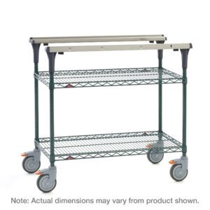 The Metro MS1824-NKNK PrepMate MultiStation 24 Prep Station features Metroseal Green Epoxy top and bottom shelves with matching posts, two wire shelves, sturdy handles, and four large grey wheels with orange safety locks. Note: Actual dimensions may vary from product shown.