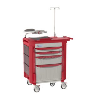 The Metro LECCRP4-RD Lifeline Crash Cart in red has multiple drawers, an IV pole, and a mobile design. It features a compact top shelf that securely holds a white electronic device.