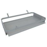 A gray rectangular metal tray with raised edges and corner hooks, designed to mount or slide, resembles the Metro KBX Slide-Out Keyboard Shelf; likely part of a modular shelving or storage system.