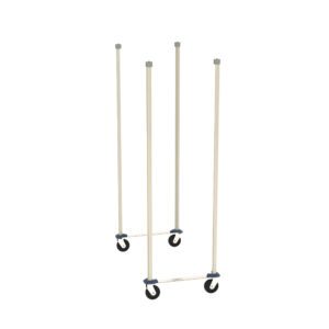 Two tall, beige metal stands with epoxy coated steel vertical rods and a base horizontal bar; each on four stainless casters for enhanced mobility. This describes the efficient Metro MQTTM24S Top-Track Mobile Unit Kit for 24 Wide MetroMax Shelving system.