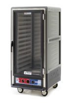 The Metro C537-MXFC-L-GY C5 3 Series Holding/Proofing Cabinet, with its 3/4 height and gray design, features full-length clear doors, lip load aluminum slides, wheels for mobility, and front control knobs to regulate temperature. Powered at 220-240V and 1681-2000W.