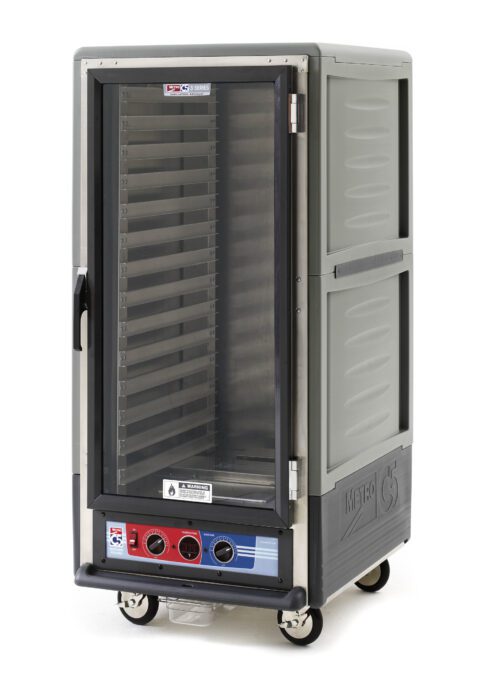 The Metro C537-MXFC-L-GY C5 3 Series Holding/Proofing Cabinet, with its 3/4 height and gray design, features full-length clear doors, lip load aluminum slides, wheels for mobility, and front control knobs to regulate temperature. Powered at 220-240V and 1681-2000W.