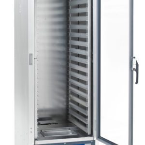 The Metro C519-CXFC-L C5 1 Series full-height holding/proofing cabinet features lip load aluminum slides, a transparent door, multiple horizontal tray slots, four wheels for mobility, and two control knobs for precise temperature settings at 220-240V, 1681-2000W, and 50/60Hz.