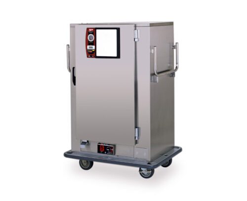 The Metro MBQ-90 One-Door Banquet Cabinet is a compact, sturdy stainless steel commercial food warmer with a 1650W, 60Hz Standard Electric Thermal System. It has large side handles, a wheeled base, and a front control panel with buttons and a display, designed for industrial use.